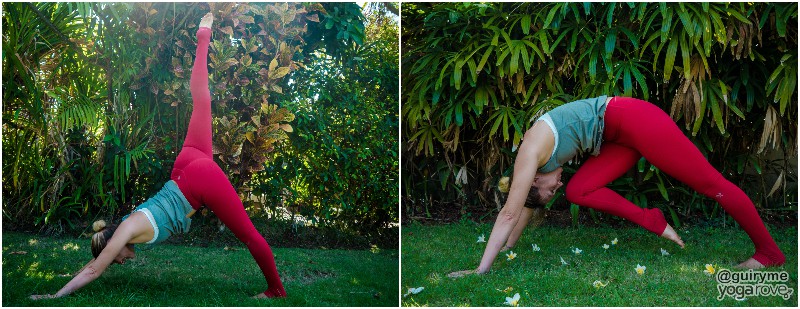 yoga student practicing knee to nose from three legged dog