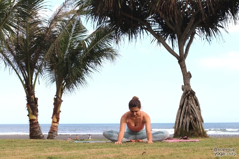 yogi practicing butterfly pose after run.