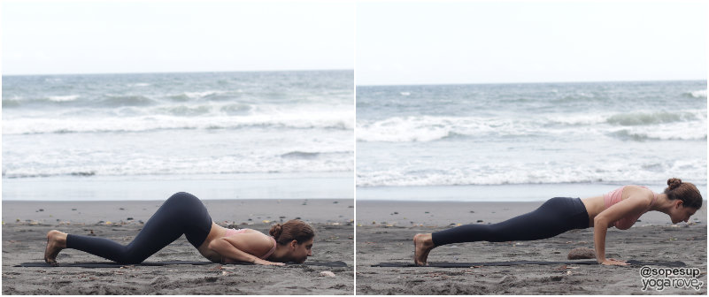 yogi practicing knees-chest-chin/ chaturanga in sun salutation a