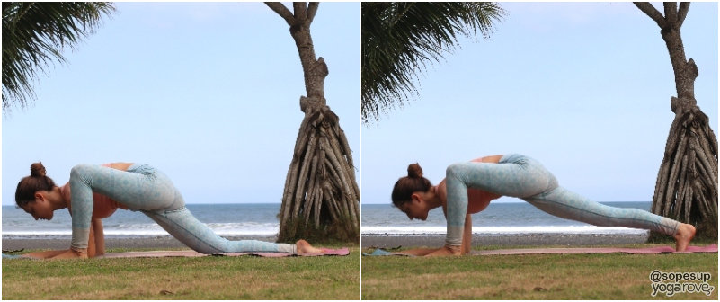 yogi practicing lizard pose with variation after running.