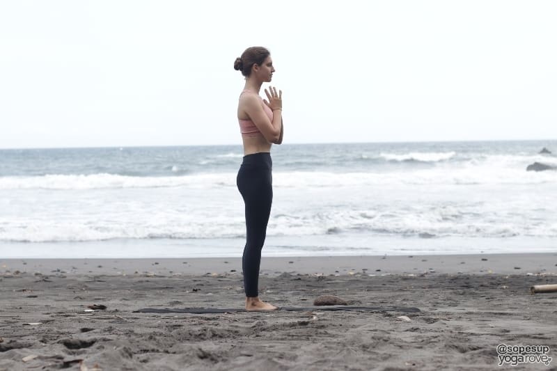 yogi practicing prayer pose in sun salutation a