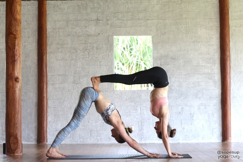 two yogis practicing downward facing dog and supported handstand- partner yoga