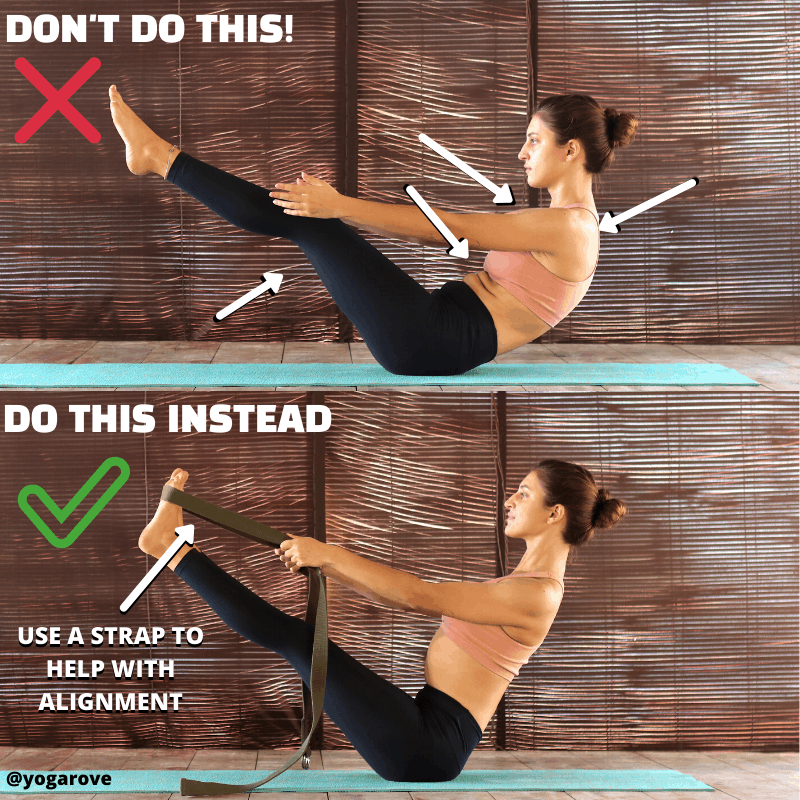 comparison of proper and improper alignment in boat pose infographic.