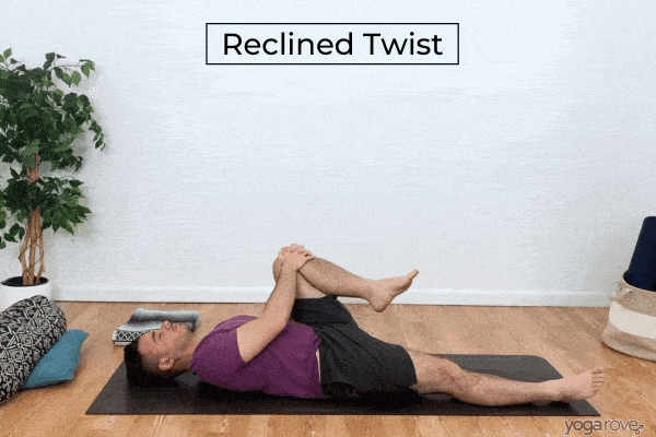Reclined Spinal Twist is great to practice to release tension and tightness in the back.